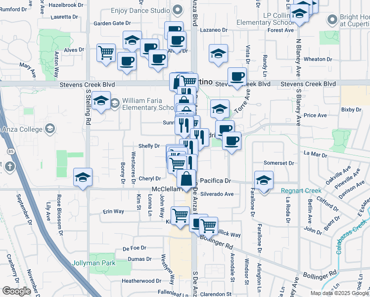 map of restaurants, bars, coffee shops, grocery stores, and more near 10265 South De Anza Boulevard in Cupertino