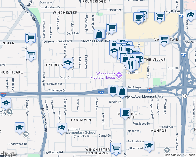 map of restaurants, bars, coffee shops, grocery stores, and more near 513 Yale Way in San Jose