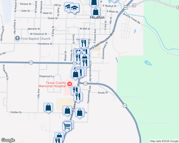 map of restaurants, bars, coffee shops, grocery stores, and more near 1207 Thomasville Road in Houston