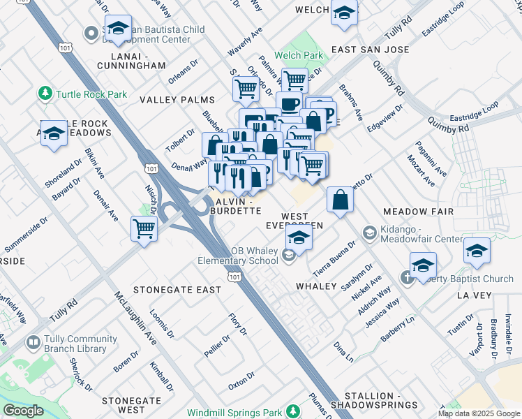 map of restaurants, bars, coffee shops, grocery stores, and more near 2501 Alvin Avenue in San Jose