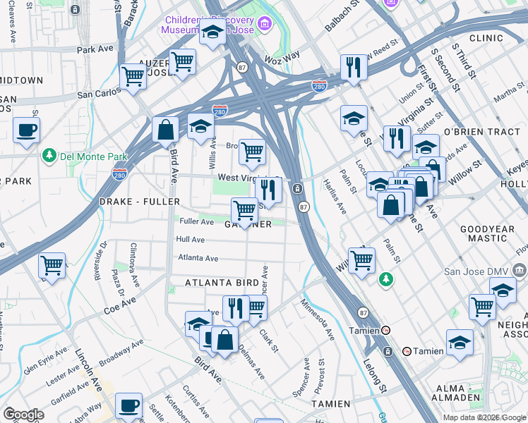 map of restaurants, bars, coffee shops, grocery stores, and more near 366 Jerome Street in San Jose