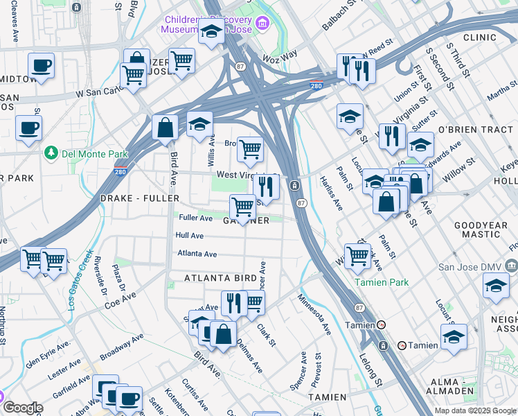 map of restaurants, bars, coffee shops, grocery stores, and more near 852 Delmas Avenue in San Jose