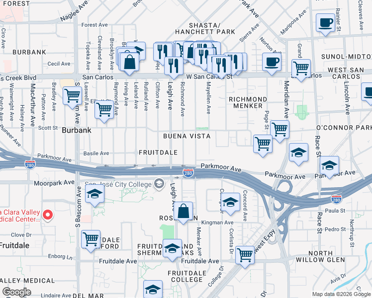 map of restaurants, bars, coffee shops, grocery stores, and more near 541 Richmond Avenue in San Jose