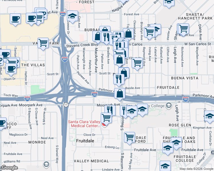 map of restaurants, bars, coffee shops, grocery stores, and more near 546 Bradley Avenue in San Jose