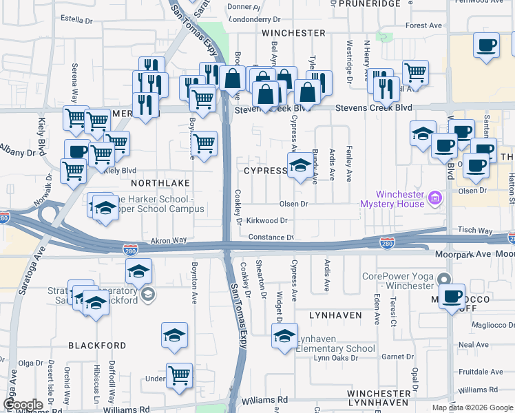 map of restaurants, bars, coffee shops, grocery stores, and more near 3564 Olsen Drive in San Jose