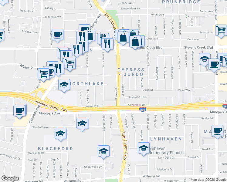 map of restaurants, bars, coffee shops, grocery stores, and more near 480 Boynton Avenue in San Jose