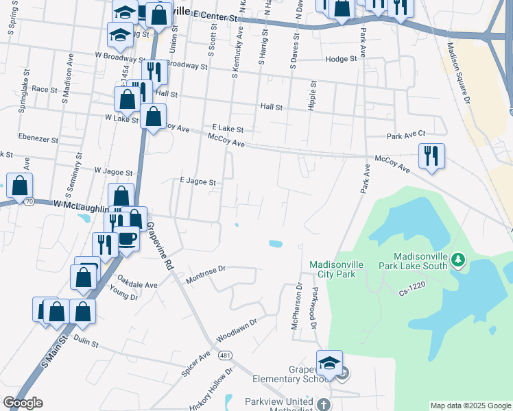 map of restaurants, bars, coffee shops, grocery stores, and more near 626 Virginia Avenue in Madisonville