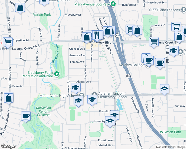 map of restaurants, bars, coffee shops, grocery stores, and more near 21686 Olive Avenue in Cupertino