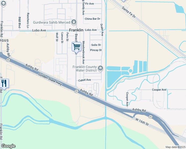 map of restaurants, bars, coffee shops, grocery stores, and more near 2129 Hudson Avenue in Merced