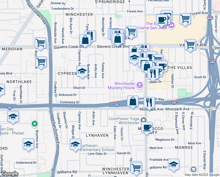 map of restaurants, bars, coffee shops, grocery stores, and more near 806 Redberry Way in San Jose