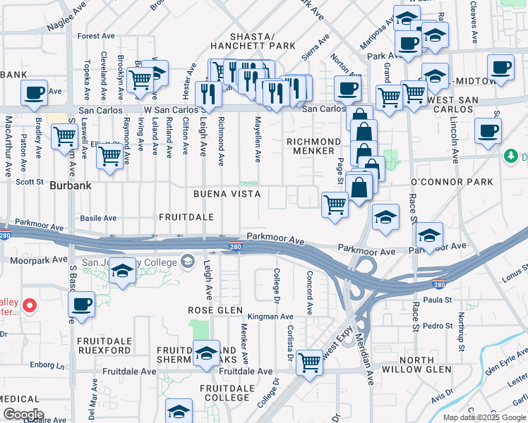 map of restaurants, bars, coffee shops, grocery stores, and more near 540 Mayellen Avenue in San Jose