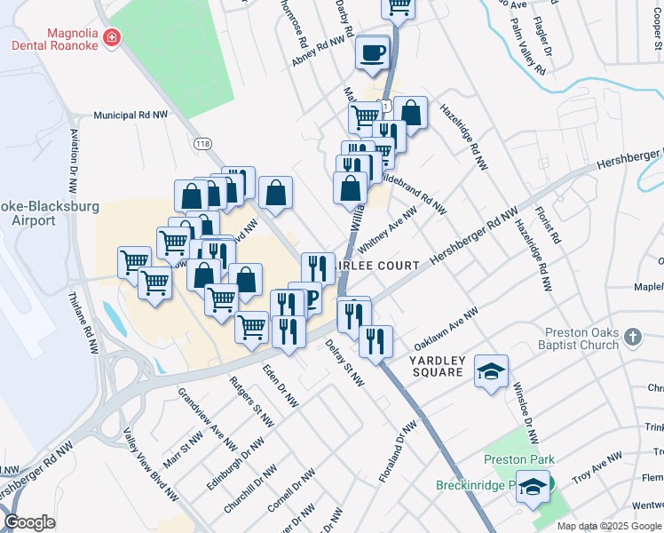 map of restaurants, bars, coffee shops, grocery stores, and more near 5034 Hearthstone Road in Roanoke