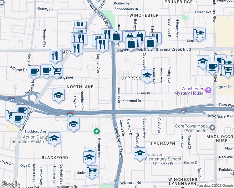 map of restaurants, bars, coffee shops, grocery stores, and more near 501 Coakley Drive in San Jose