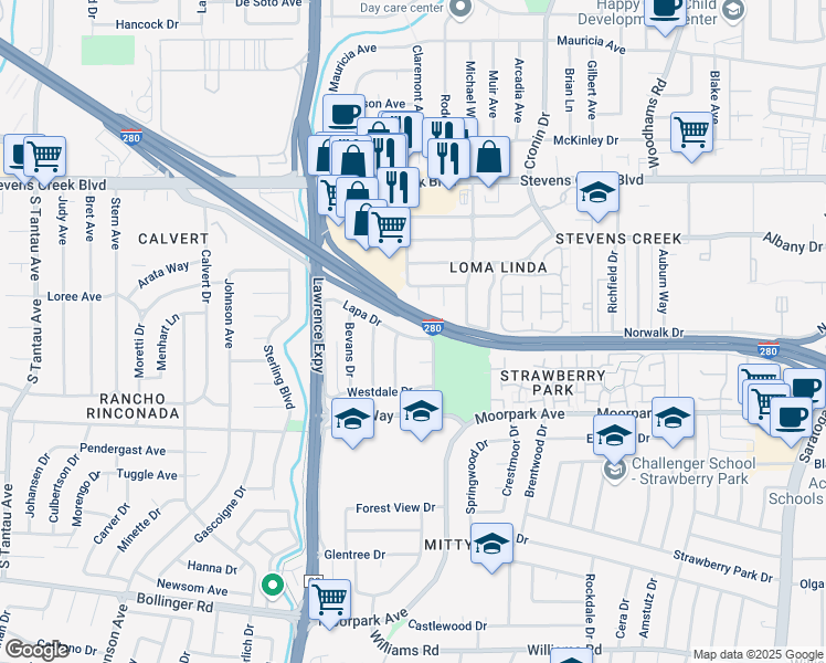 map of restaurants, bars, coffee shops, grocery stores, and more near 5011 Lapa Drive in San Jose