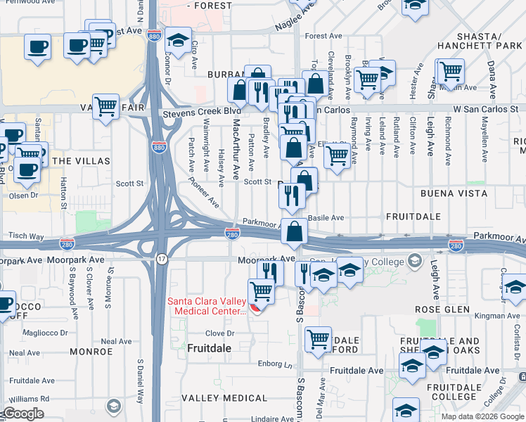 map of restaurants, bars, coffee shops, grocery stores, and more near 546 Bradley Avenue in San Jose