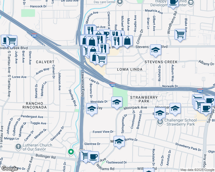 map of restaurants, bars, coffee shops, grocery stores, and more near 5011 Lapa Drive in San Jose
