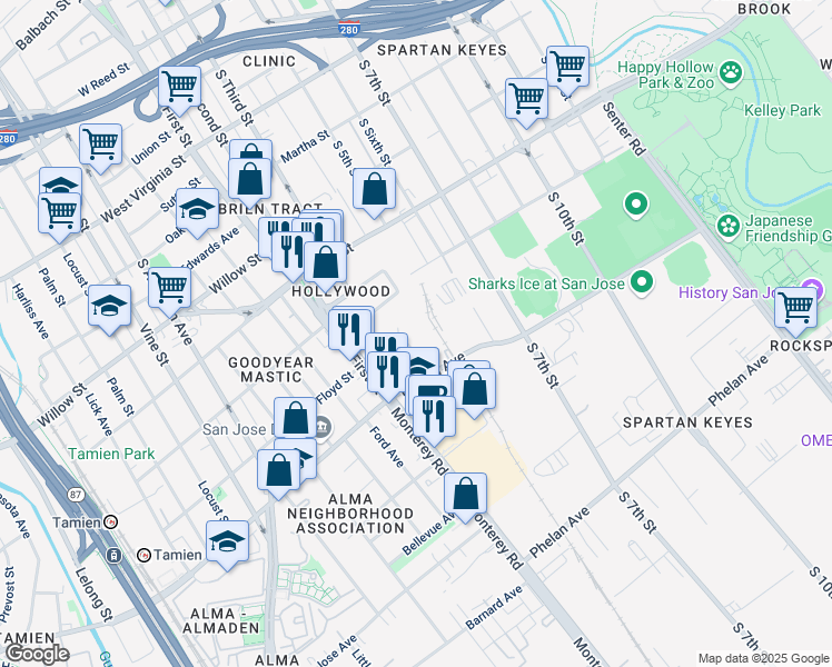 map of restaurants, bars, coffee shops, grocery stores, and more near 1269 Alma Court in San Jose