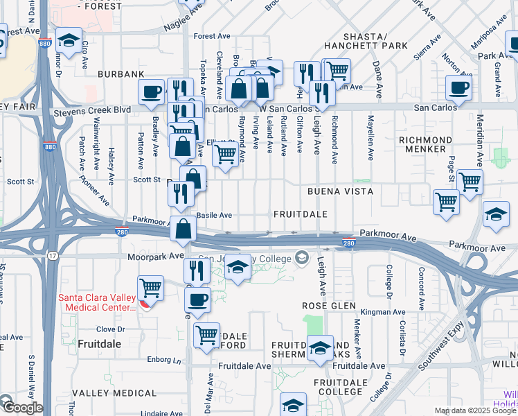 map of restaurants, bars, coffee shops, grocery stores, and more near 542 Irving Avenue in San Jose