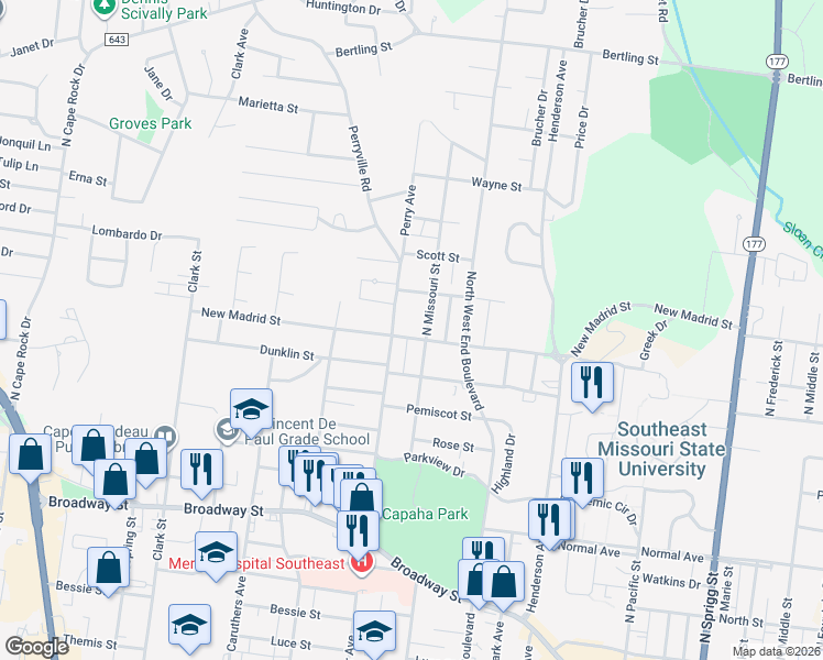 map of restaurants, bars, coffee shops, grocery stores, and more near 1624 New Madrid Street in Cape Girardeau