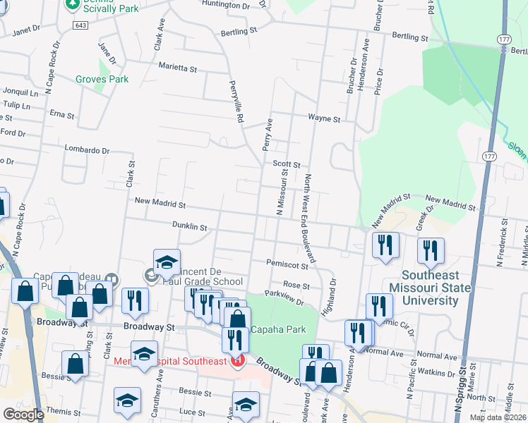 map of restaurants, bars, coffee shops, grocery stores, and more near 1624 New Madrid Street in Cape Girardeau