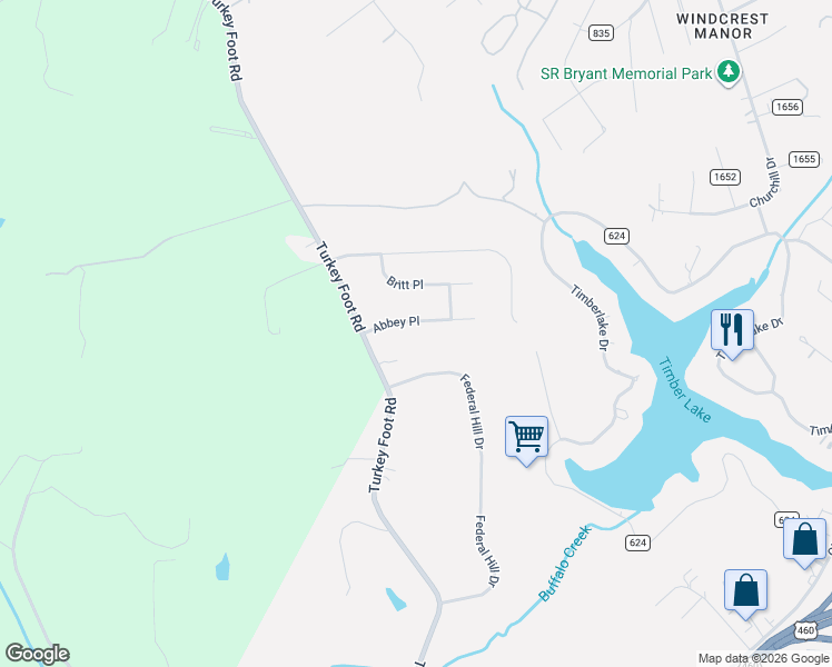 map of restaurants, bars, coffee shops, grocery stores, and more near 1121 Abbey Place in Forest