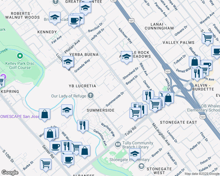 map of restaurants, bars, coffee shops, grocery stores, and more near 2175 Summerton Drive in San Jose