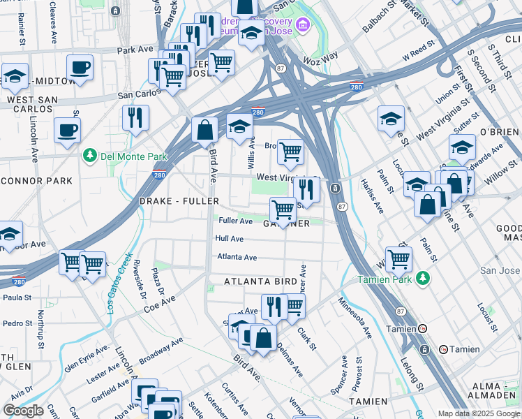 map of restaurants, bars, coffee shops, grocery stores, and more near 470 Jerome Street in San Jose