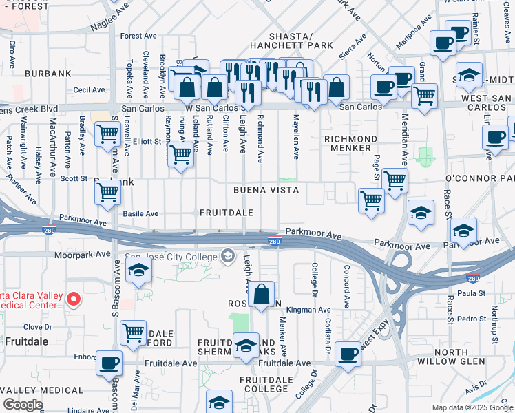 map of restaurants, bars, coffee shops, grocery stores, and more near 541 Richmond Avenue in San Jose