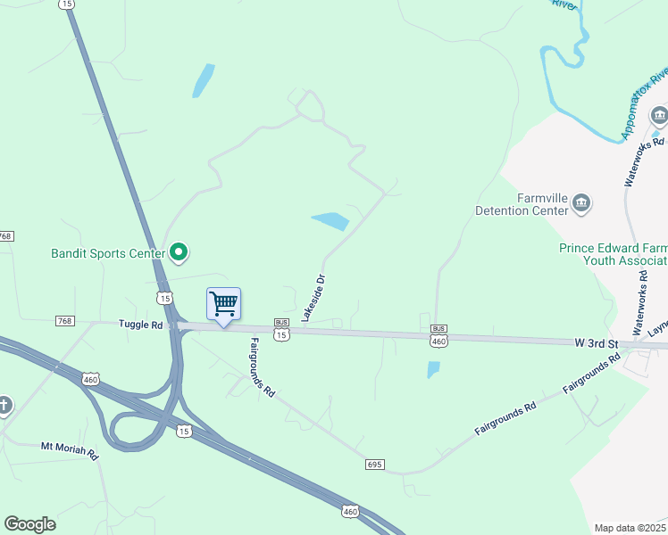 map of restaurants, bars, coffee shops, grocery stores, and more near 196 Lakeside Drive in Farmville