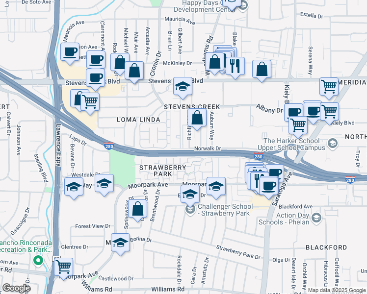 map of restaurants, bars, coffee shops, grocery stores, and more near 4701 Norwalk Drive in San Jose