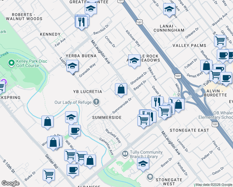 map of restaurants, bars, coffee shops, grocery stores, and more near 2175 Summerton Drive in San Jose