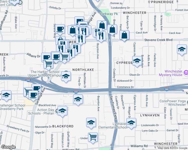 map of restaurants, bars, coffee shops, grocery stores, and more near 485 Boynton Avenue in San Jose