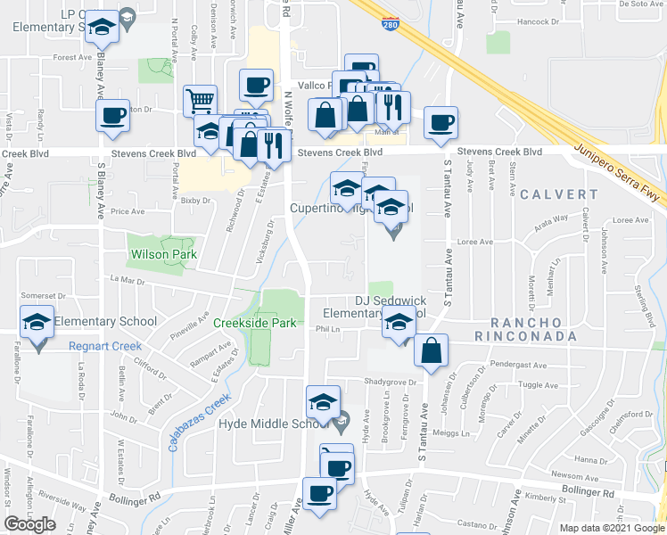 map of restaurants, bars, coffee shops, grocery stores, and more near 19342 Greenwood Drive in Cupertino