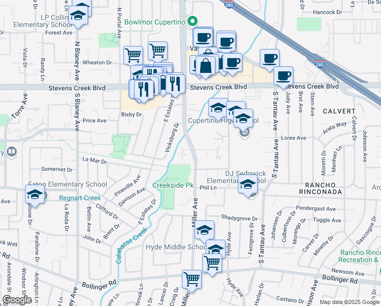 map of restaurants, bars, coffee shops, grocery stores, and more near 19444 Greenwood Drive in Cupertino
