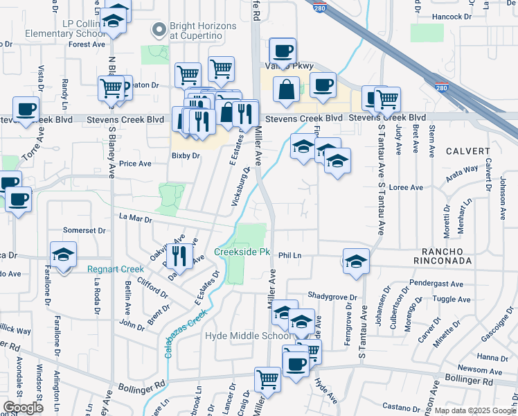 map of restaurants, bars, coffee shops, grocery stores, and more near 10339 Greenwood Court in Cupertino