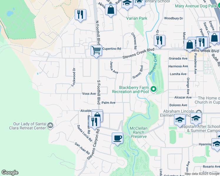 map of restaurants, bars, coffee shops, grocery stores, and more near 10310 Walnut Circle in Cupertino