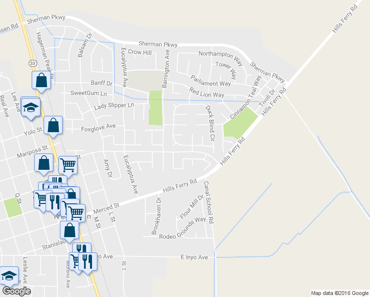 map of restaurants, bars, coffee shops, grocery stores, and more near 1227 Duck Blind Circle in Newman