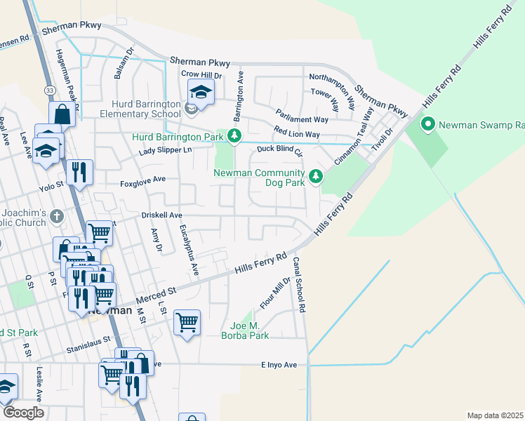 map of restaurants, bars, coffee shops, grocery stores, and more near 1227 Duck Blind Circle in Newman