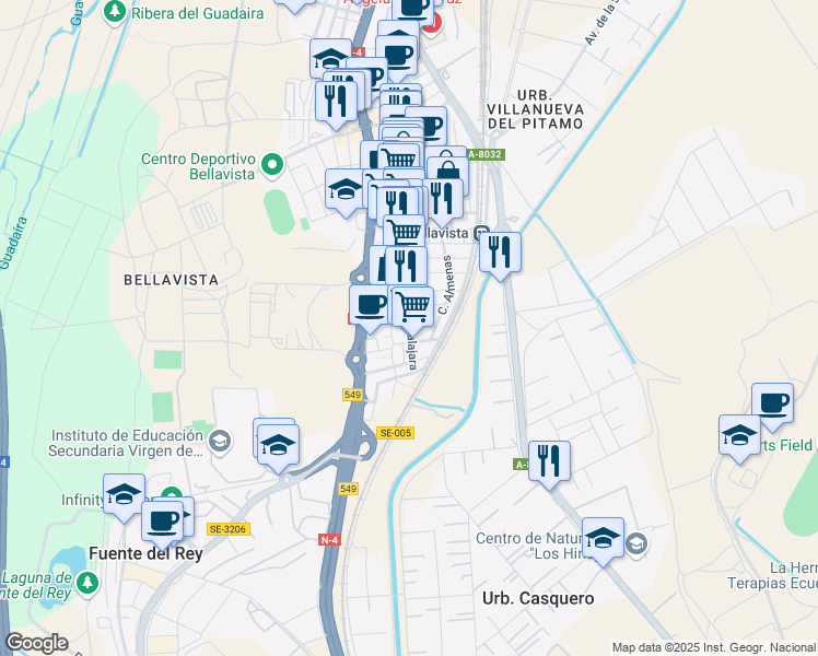 map of restaurants, bars, coffee shops, grocery stores, and more near 152 Calle Guadalajara in Sevilla
