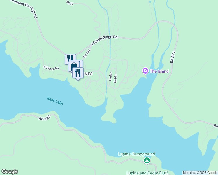 map of restaurants, bars, coffee shops, grocery stores, and more near 39261 Cedar in Bass Lake
