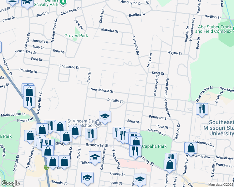 map of restaurants, bars, coffee shops, grocery stores, and more near 1837 New Madrid Street in Cape Girardeau