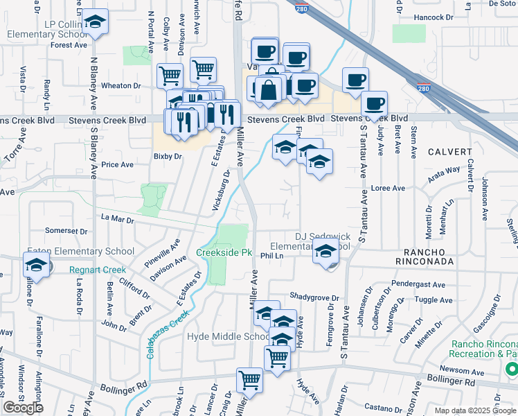 map of restaurants, bars, coffee shops, grocery stores, and more near 19444 Greenwood Drive in Cupertino
