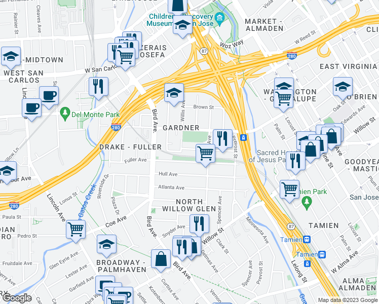 map of restaurants, bars, coffee shops, grocery stores, and more near 470 Jerome Street in San Jose