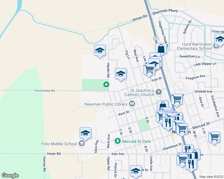 map of restaurants, bars, coffee shops, grocery stores, and more near 1433 Orestimba Road in Newman