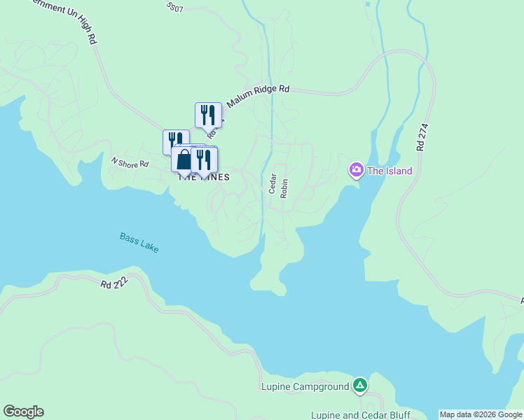 map of restaurants, bars, coffee shops, grocery stores, and more near 39162 Manzanita in Bass Lake