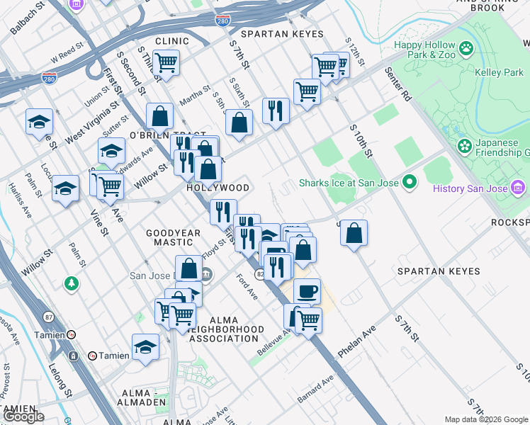 map of restaurants, bars, coffee shops, grocery stores, and more near 1269 Alma Court in San Jose