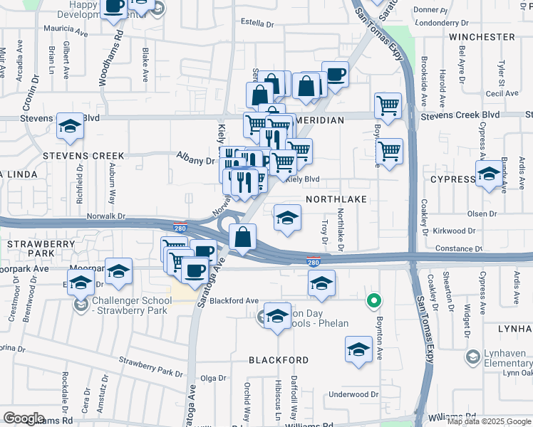 map of restaurants, bars, coffee shops, grocery stores, and more near 460 Saratoga Avenue in San Jose