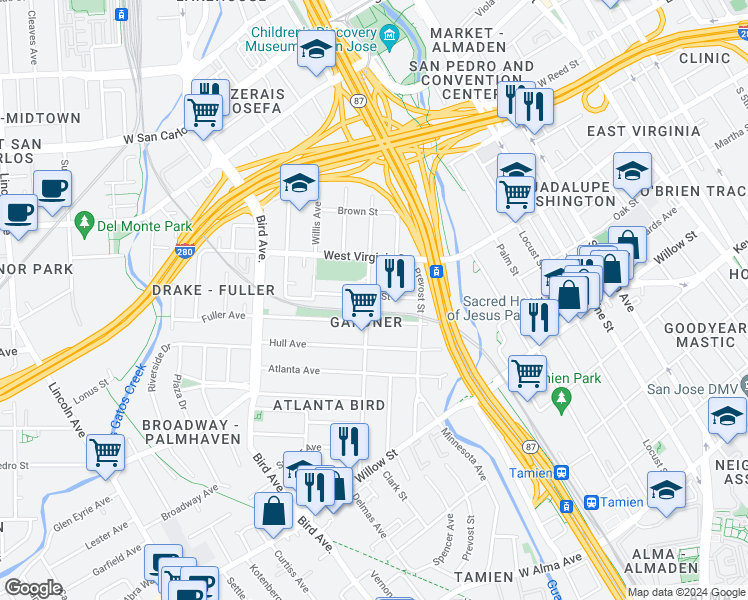 map of restaurants, bars, coffee shops, grocery stores, and more near 852 Delmas Avenue in San Jose