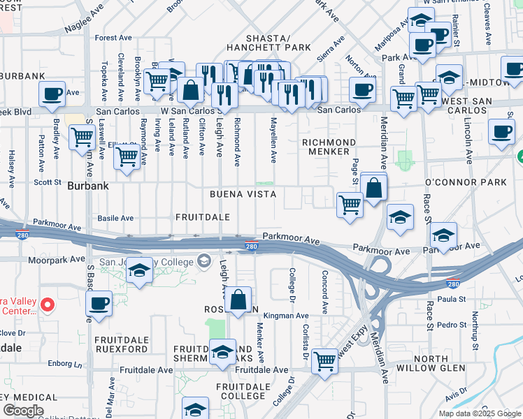 map of restaurants, bars, coffee shops, grocery stores, and more near 548 Menker Avenue in San Jose