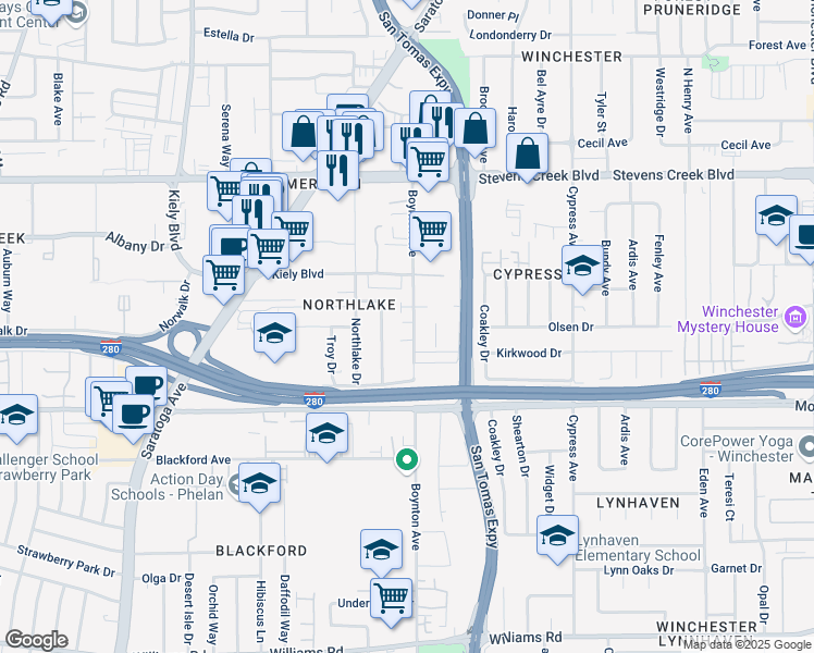 map of restaurants, bars, coffee shops, grocery stores, and more near 485 Boynton Avenue in San Jose